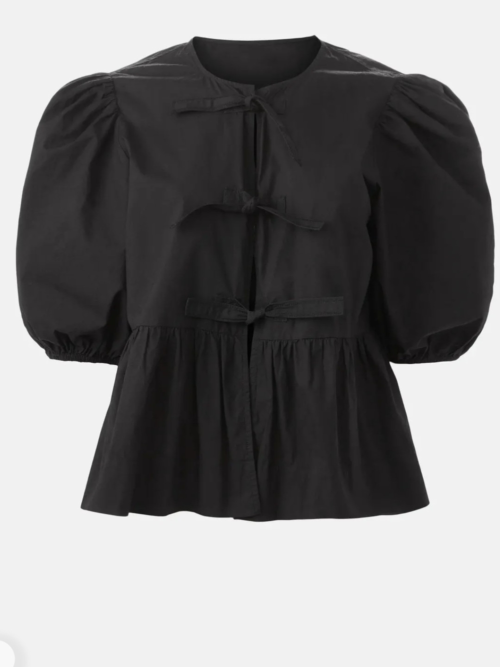 Anthropologie- The LULO Poject - Black Puff-Sleeve Tie-Front Peplum Blouse